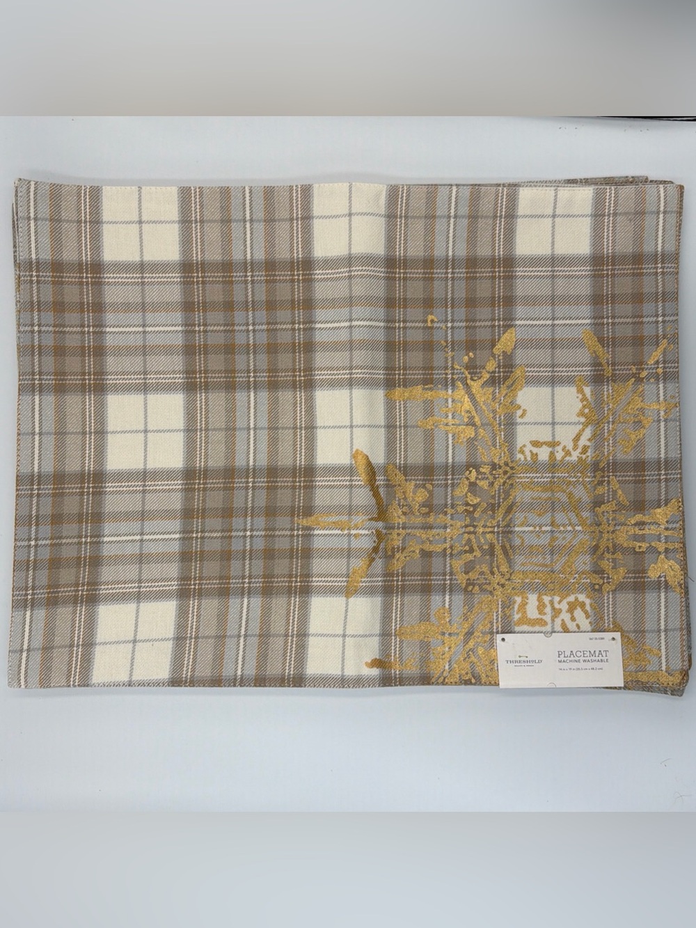 Christmas Threshold Cloth Grey & Gold Snowflake Plaid 6 Place Mats